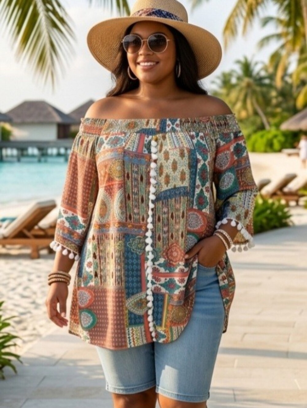 Soft Surroundings Multi-Color Boho Off-Shoulder Tunic with Tassel Trim Size 3XL